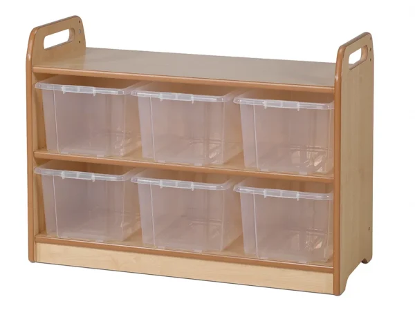 Shelf unit with display case, mirrored back panel and 6 clear containers — Millhouse Educational Play School