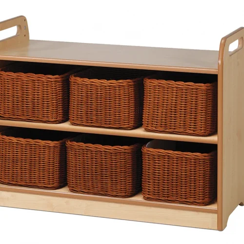 Shelf unit with display case, mirrored back panel and 6 baskets — Millhouse Educational Play School