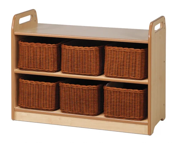 Shelf unit with display case, mirrored back panel and 6 baskets — Millhouse Educational Play School