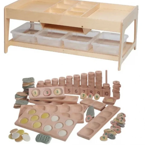 Play table for exploration with 4 transparent containers + PT1145 Indoor Maths Set — Millhouse School Educational Toys