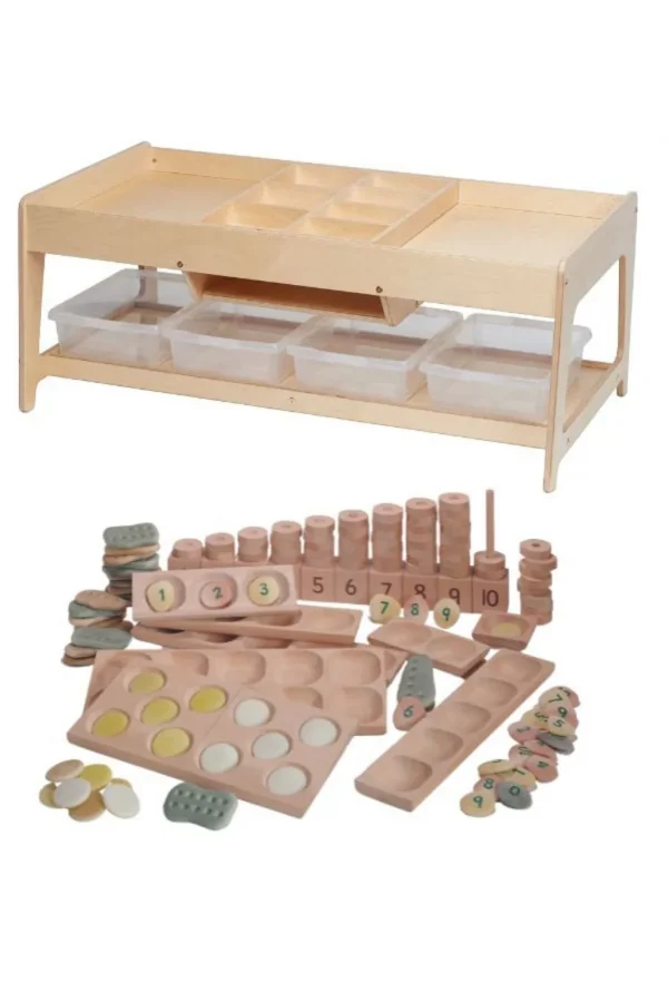 Play table for exploration with 4 transparent containers + PT1145 Indoor Maths Set — Millhouse School Educational Toys