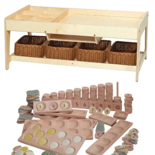 Play table for exploration with 4 baskets + PT1145 Indoor Maths Set — Millhouse School Educational Toys