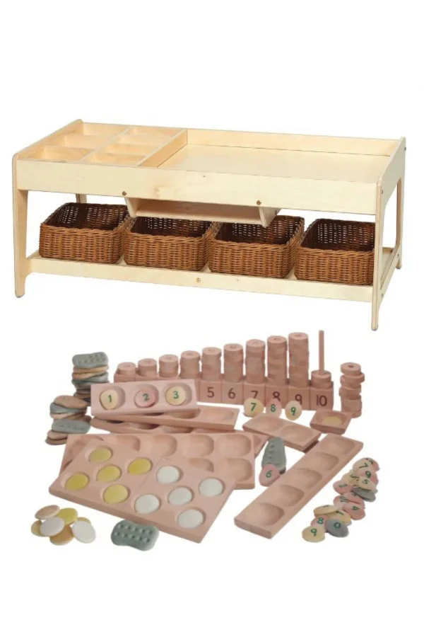 Play table for exploration with 4 baskets + PT1145 Indoor Maths Set — Millhouse School Educational Toys