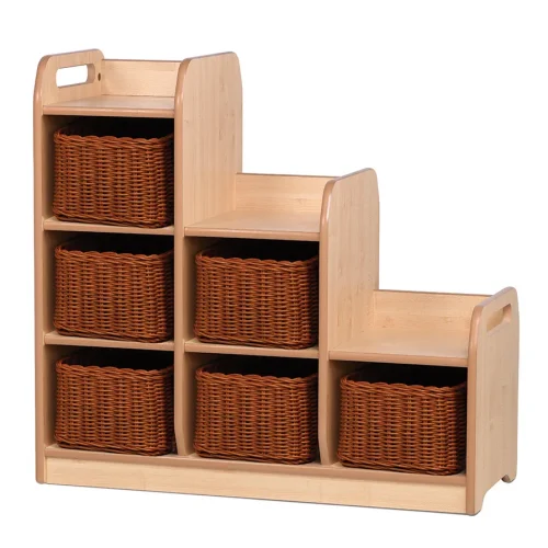 Tiered shelving room divider left with 6 storage baskets — Millhouse learning toys school