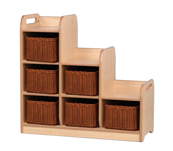 Tiered shelving room divider left with 6 storage baskets — Millhouse learning toys school