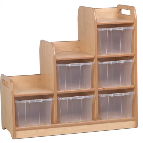 Tiered shelving room divider left with 6 transparent storage boxes — Millhouse learning toys school