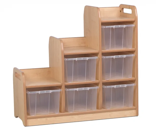 Tiered shelving room divider left with 6 transparent storage boxes — Millhouse learning toys school
