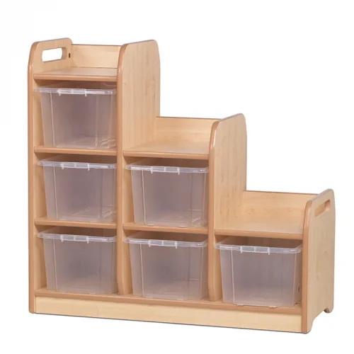 Tiered shelving room divider left with 6 transparent storage boxes — Millhouse learning toys school