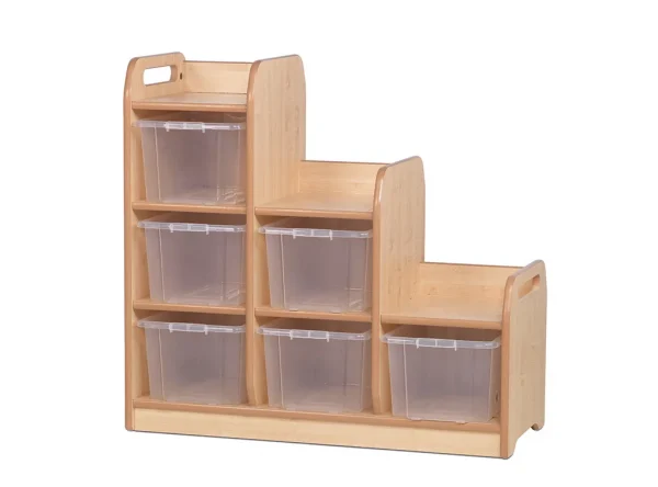 Tiered shelving room divider left with 6 transparent storage boxes — Millhouse learning toys school