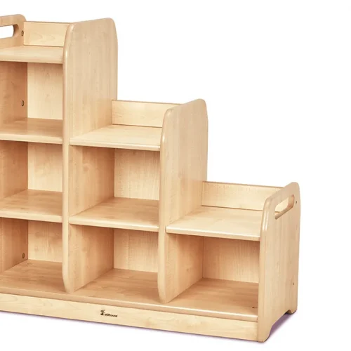 Tiered shelving room divider left without boxes — Millhouse learning toys school