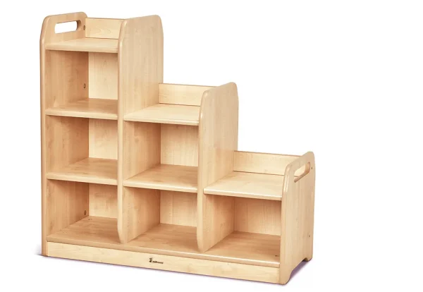 Tiered shelving room divider left without boxes — Millhouse learning toys school
