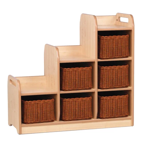Tiered shelving room divider right with 6 storage baskets — Millhouse learning toys school
