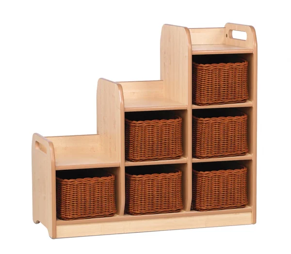 Tiered shelving room divider right with 6 storage baskets — Millhouse learning toys school