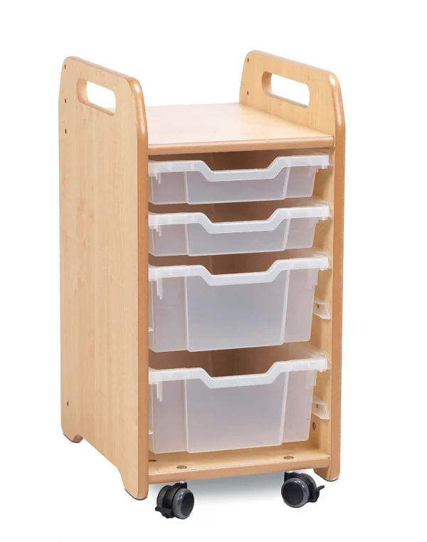 Tray storage unit (1 column) with 2 shallow and 2 deep trays — Millhouse School Learning Toys