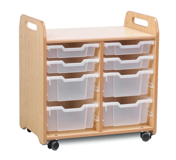 Tray storage unit (2 columns) with 4 shallow and 4 deep trays — Millhouse School Learning Toys