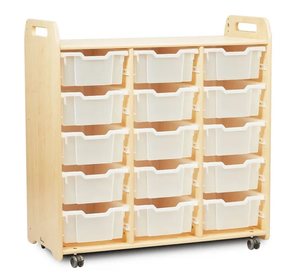 Tray storage unit (3 columns, 1080 mm height) with 15 deep trays — Millhouse School Learning Toys
