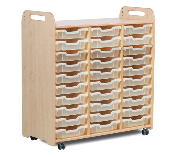 Tray storage unit (3 columns, 1080 mm height) with 30 shallow trays — Millhouse School Learning Toys