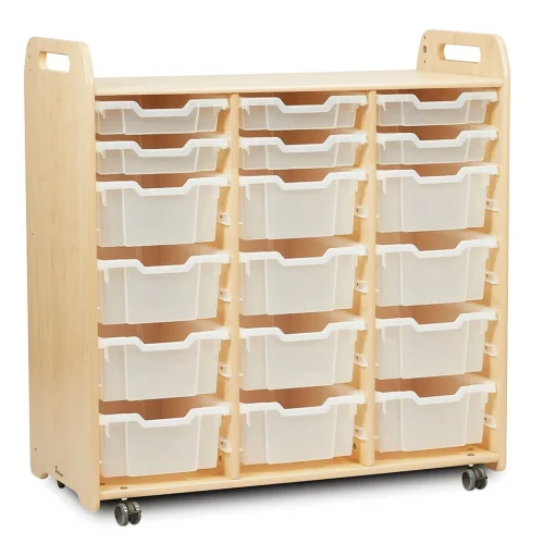 Tray storage unit (3 columns, 1080 mm height) with 6 shallow and 12 deep trays — Millhouse School Learning Toys