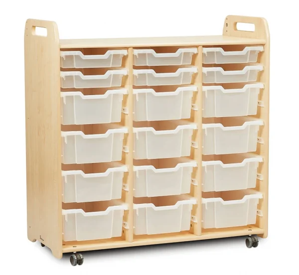Tray storage unit (3 columns, 1080 mm height) with 6 shallow and 12 deep trays — Millhouse School Learning Toys