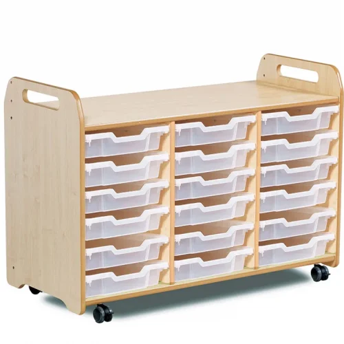 Tray storage unit (3 columns, 730 mm height) with 18 shallow trays — Millhouse School Learning Toys