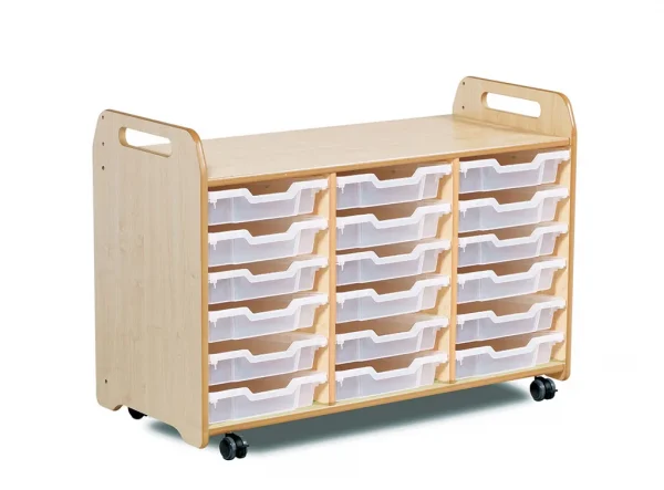 Tray storage unit (3 columns, 730 mm height) with 18 shallow trays — Millhouse School Learning Toys