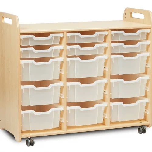 Tray storage unit (3 columns, 900 mm height) with 6 shallow and 9 deep trays — Millhouse School Learning Toys