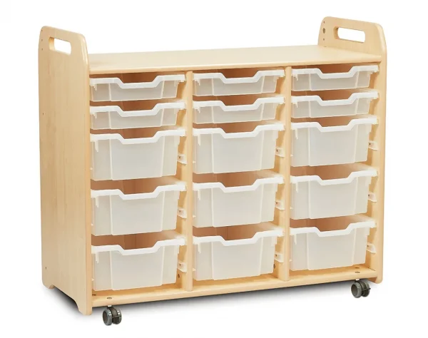Tray storage unit (3 columns, 900 mm height) with 6 shallow and 9 deep trays — Millhouse School Learning Toys