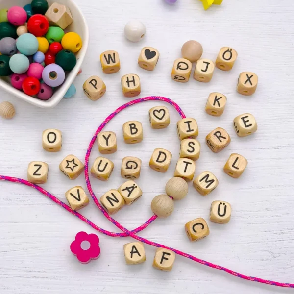 Vertical Letter Cubes Embossed Wood 10mm Letter Beads — Kiki-Ena Craft Materials Natural Wood