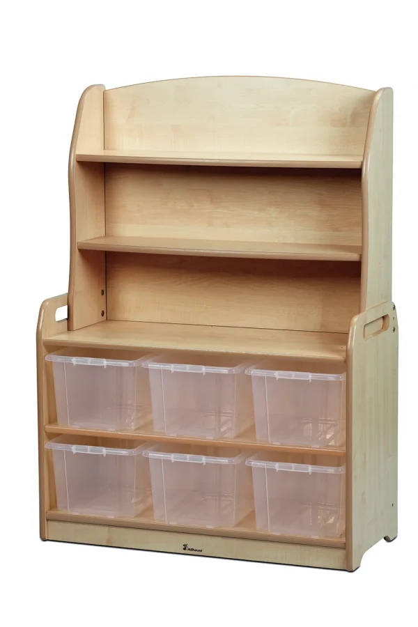 Welsh dresser shelf unit with 6 clear storage boxes — Millhouse Educational Play School